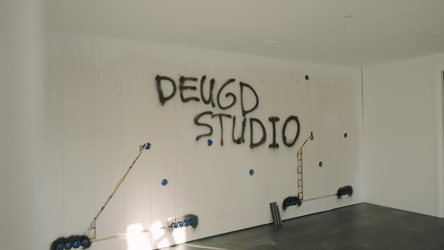 Minimalist studio with a white acoustic panel featuring black DEUGD STUDIO graffiti, accented by small painted ladders and blue circles.